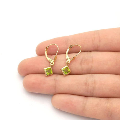 14k Yellow Gold Bezel Princess Cut Birthstone  Drop Leverback Earrings