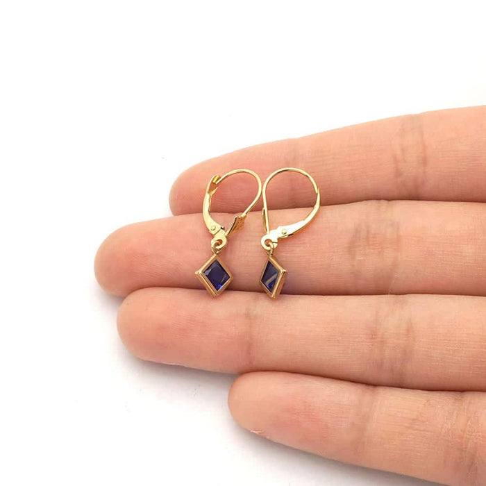 14k Yellow Gold Bezel Princess-Cut Birthstone Drop Leverback Earrings