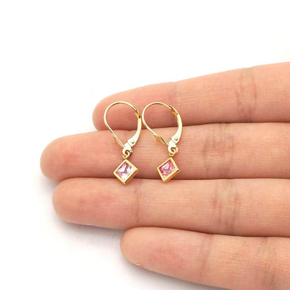 14k Yellow Gold Bezel Princess Cut Birthstone  Drop Leverback Earrings