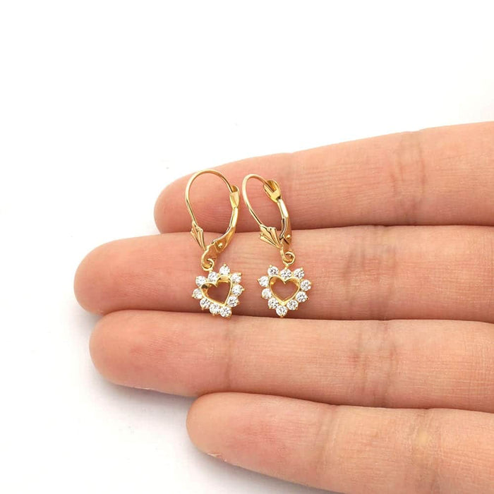 14k Gold Heart Ruby CZ Drop Leverback Earrings