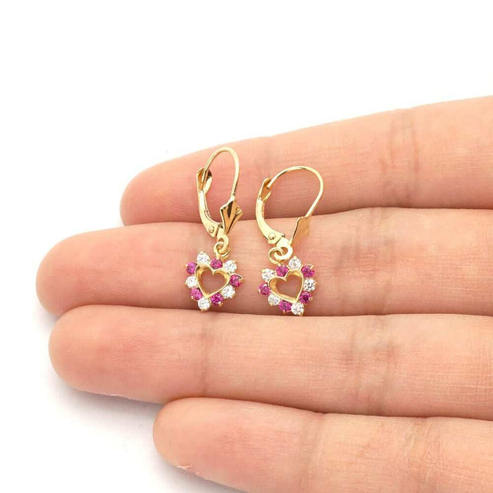 14k Gold Heart Ruby CZ Drop Leverback Earrings