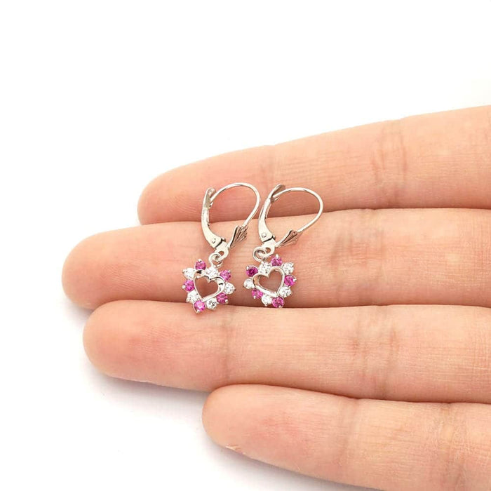 14k Gold Heart Ruby CZ Drop Leverback Earrings