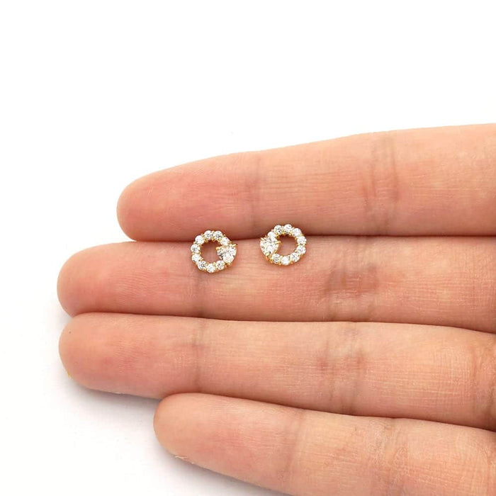 14k Yellow Gold Ruby Pink Tourmaline Heart & Zircon Circle Screw Back Stud Earrings