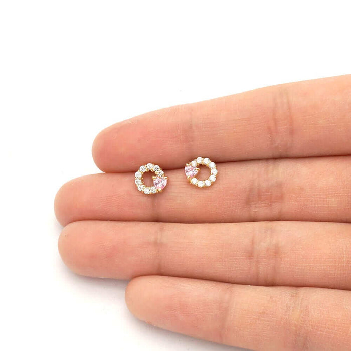 14k Yellow Gold Ruby Pink Tourmaline Heart & Zircon Circle Screw Back Stud Earrings