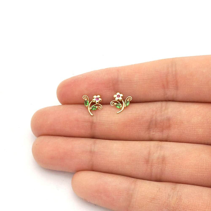 14k Yellow Gold Ruby & Emerald Filigree Flower Shaped Stud Screw-back Earrings