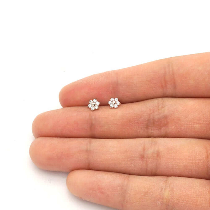 14k White Gold Round White Zircon Flower Stud Screw Back Earrings