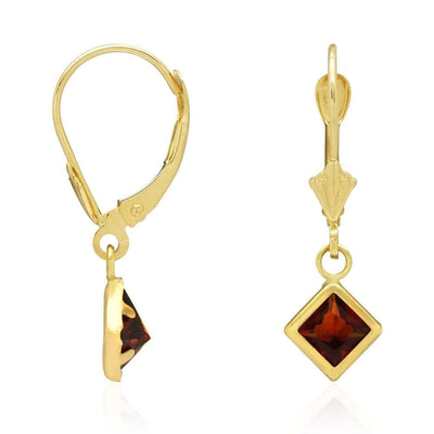 14k Yellow Gold Bezel Princess-Cut Birthstone Drop Leverback Earrings