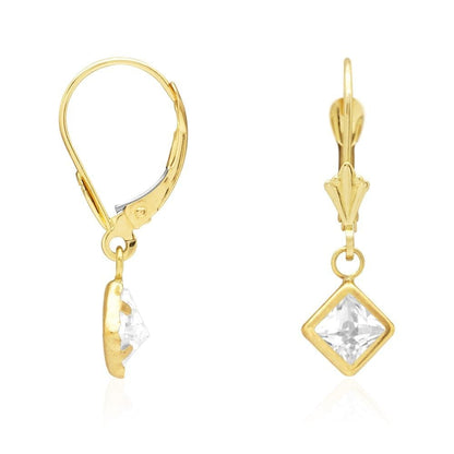 14k Yellow Gold Bezel Princess Cut Birthstone  Drop Leverback Earrings