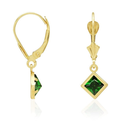 14k Yellow Gold Bezel Princess Cut Birthstone  Drop Leverback Earrings