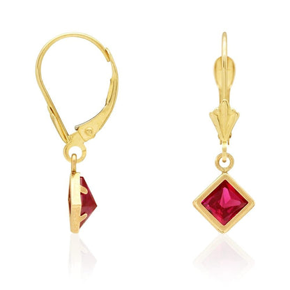 14k Yellow Gold Bezel Princess Cut Birthstone  Drop Leverback Earrings