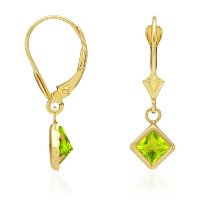 14k Yellow Gold Bezel Princess Cut Birthstone  Drop Leverback Earrings
