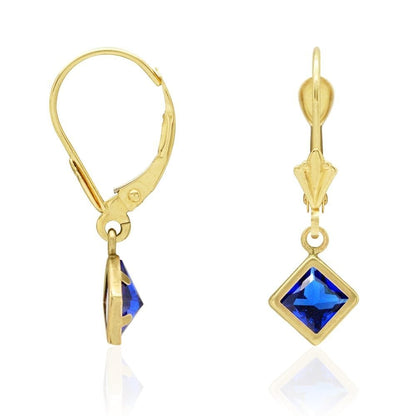 14k Yellow Gold Bezel Princess Cut Birthstone  Drop Leverback Earrings