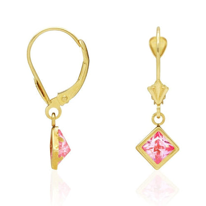 14k Yellow Gold Bezel Princess Cut Birthstone  Drop Leverback Earrings