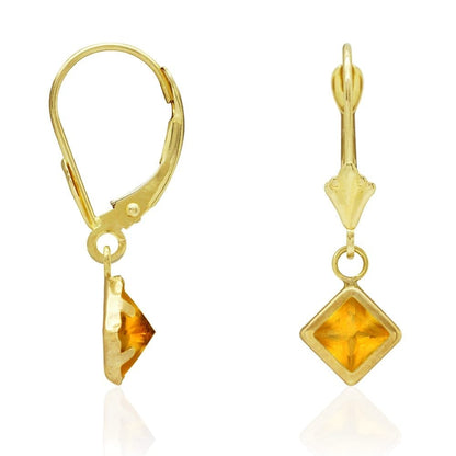 14k Yellow Gold Bezel Princess Cut Birthstone  Drop Leverback Earrings