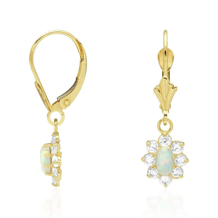 14k Yellow Gold Oval White Fire Opal CZ Leverback Earrings