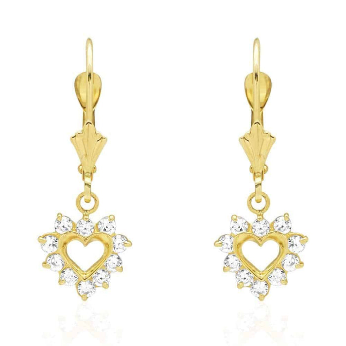 14k Gold Heart Ruby CZ Drop Leverback Earrings