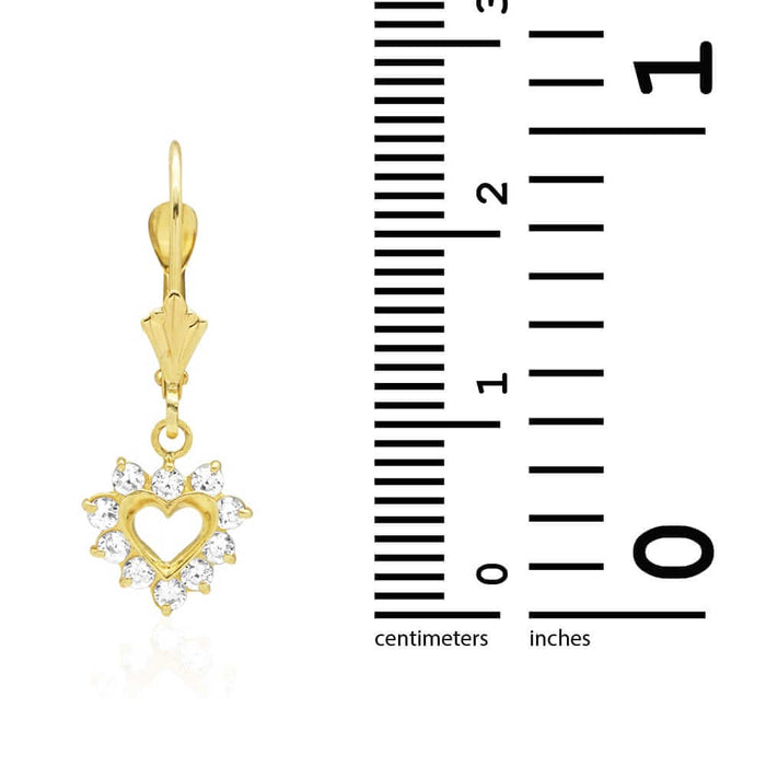 14k Gold Heart Ruby CZ Drop Leverback Earrings