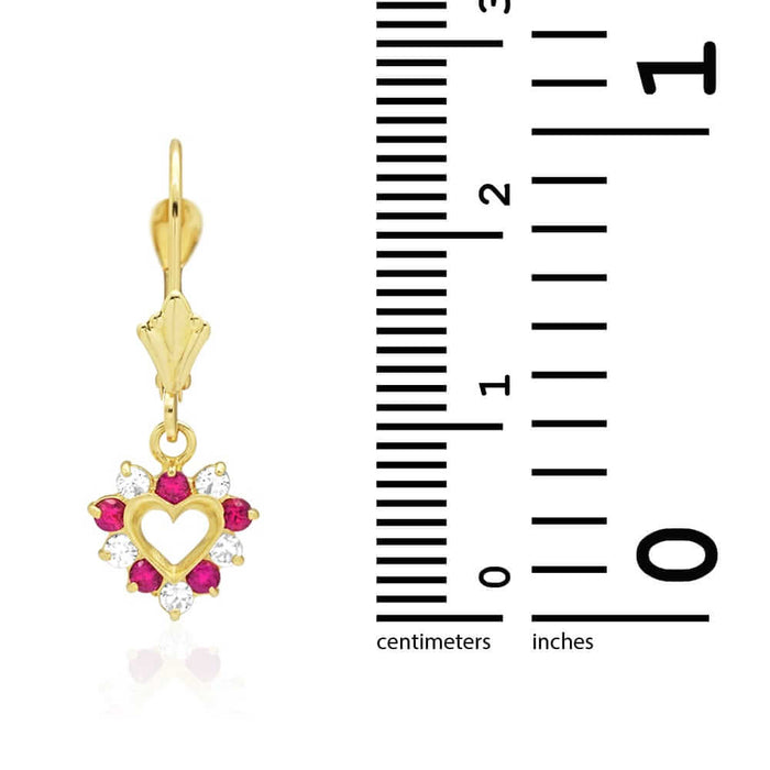 14k Gold Heart Ruby CZ Drop Leverback Earrings