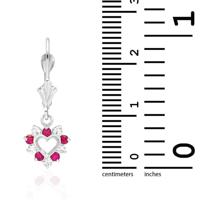 14k Gold Heart Ruby CZ Drop Leverback Earrings