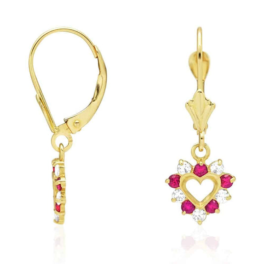 14k Gold Heart Ruby CZ  Drop Leverback Earrings