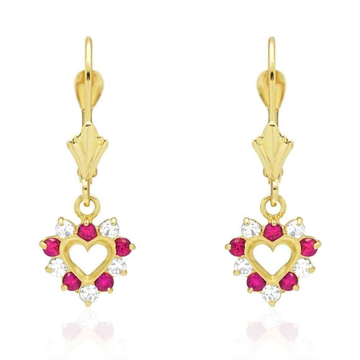 14k Gold Heart Ruby CZ Drop Leverback Earrings