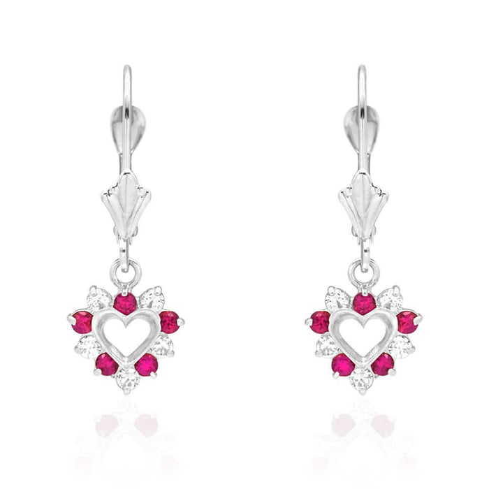14k Gold Heart Ruby CZ Drop Leverback Earrings