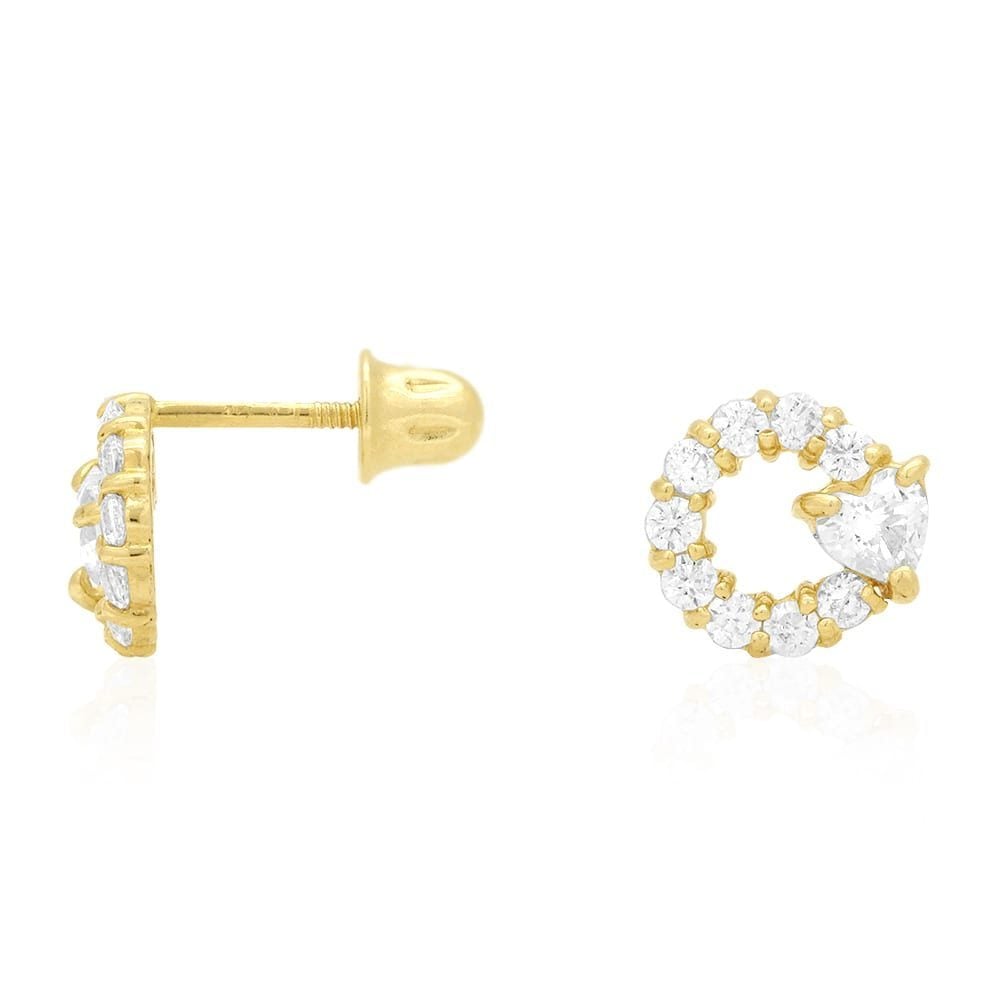 14k Yellow Gold Ruby Pink Tourmaline Heart & Zircon Circle Screwback Stud