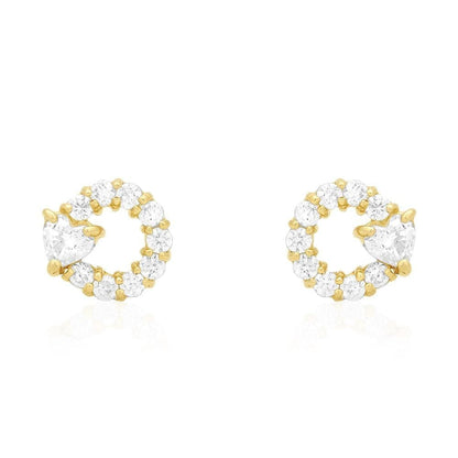 14k Yellow Gold Ruby Pink Tourmaline Heart & Zircon Circle Screwback Stud