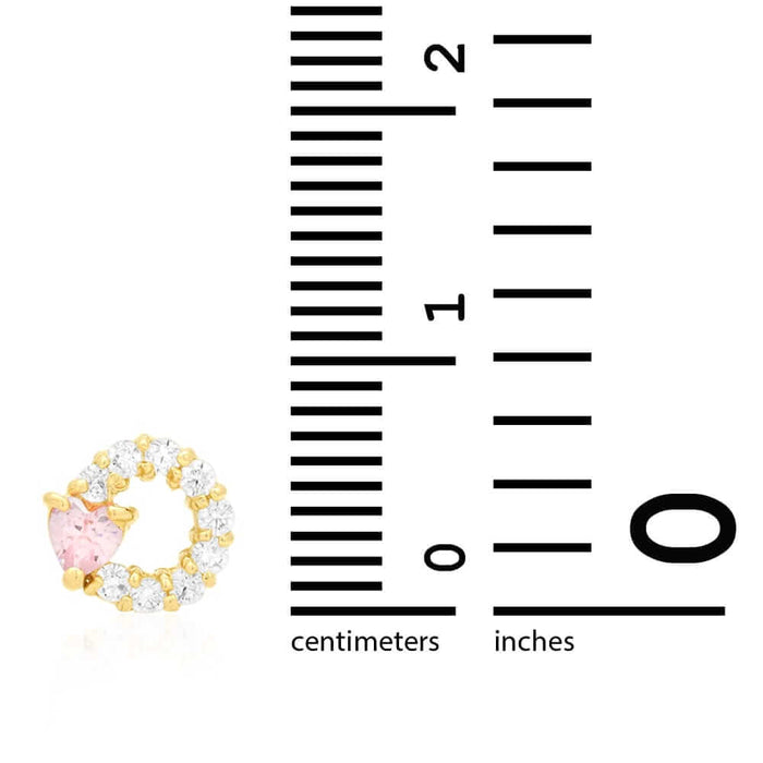 14k Yellow Gold Ruby Pink Tourmaline Heart & Zircon Circle Screw Back Stud Earrings