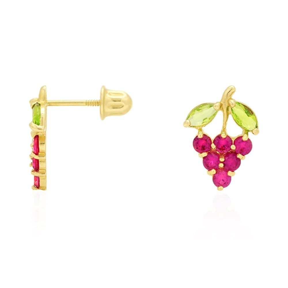 14k Yellow Gold Amethyst & Ruby Grapes Stud Screwback Earrings