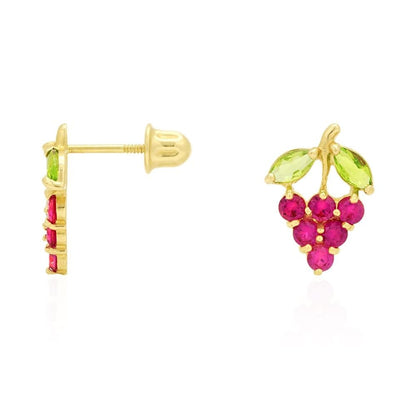 14k Yellow Gold Amethyst & Ruby Grapes Stud Screwback Earrings