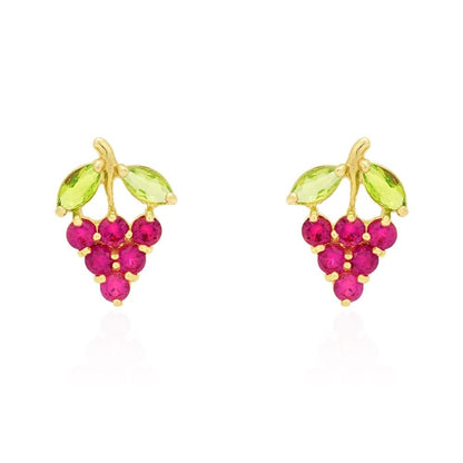 14k Yellow Gold Amethyst & Ruby Grapes Stud Screwback Earrings