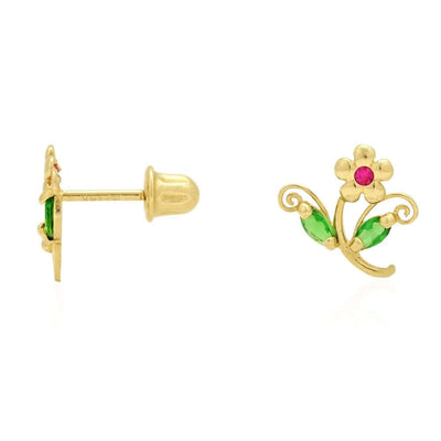 14k Yellow Gold Ruby & Emerald Filigree Flower Shaped Stud Screw-back Earrings