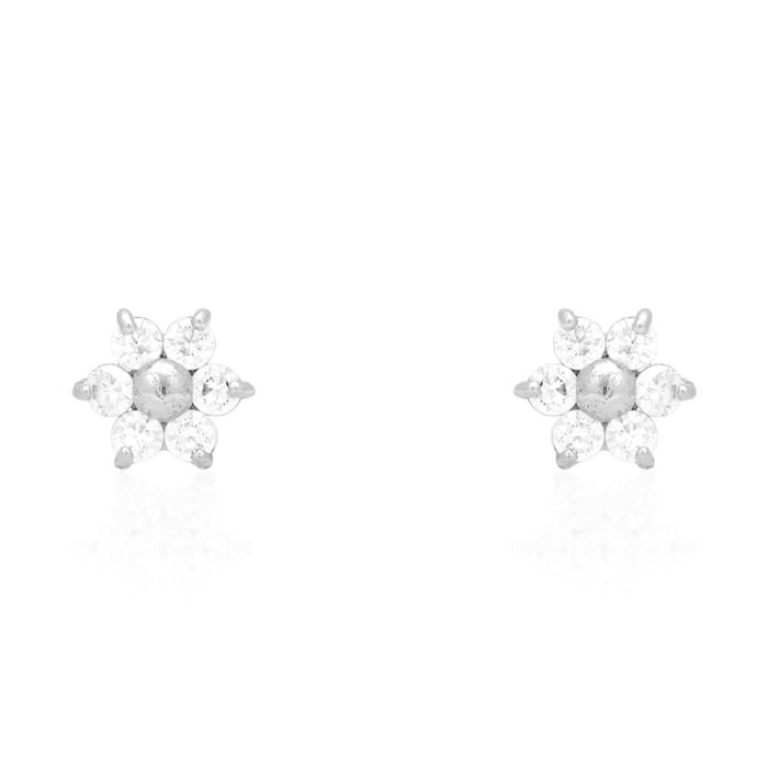 14k White Gold Round White Zircon Flower Stud Screw Back Earrings