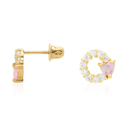 14k Yellow Gold Ruby Pink Tourmaline Heart & Zircon Circle Screwback Stud