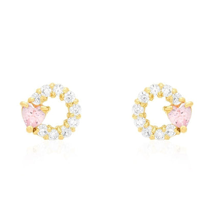 14k Yellow Gold Ruby Pink Tourmaline Heart & Zircon Circle Screwback Stud