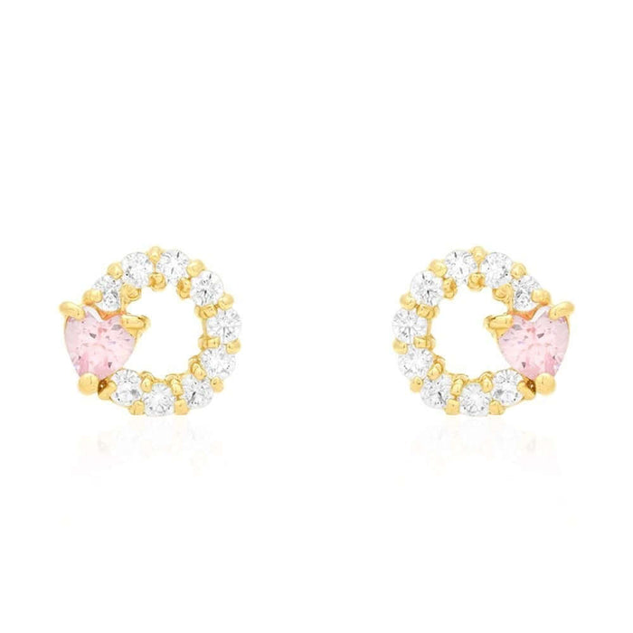 14k Yellow Gold Ruby Pink Tourmaline Heart & Zircon Circle Screw Back Stud Earrings