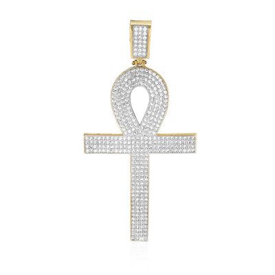 14K Yellow Gold CZ Egyptian Ankh Cross Pendant 2"-2.8"