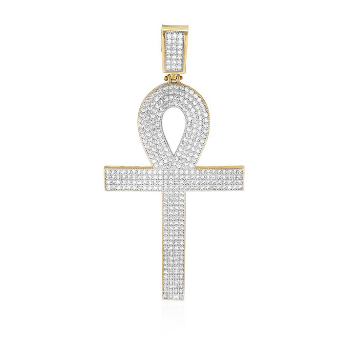 14K Yellow Gold CZ Egyptian Ankh Cross Pendant 2"-2.8"