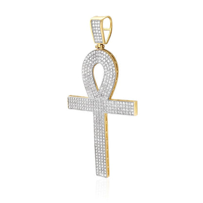 14K Yellow Gold CZ Egyptian Ankh Cross Pendant 2"-2.8"