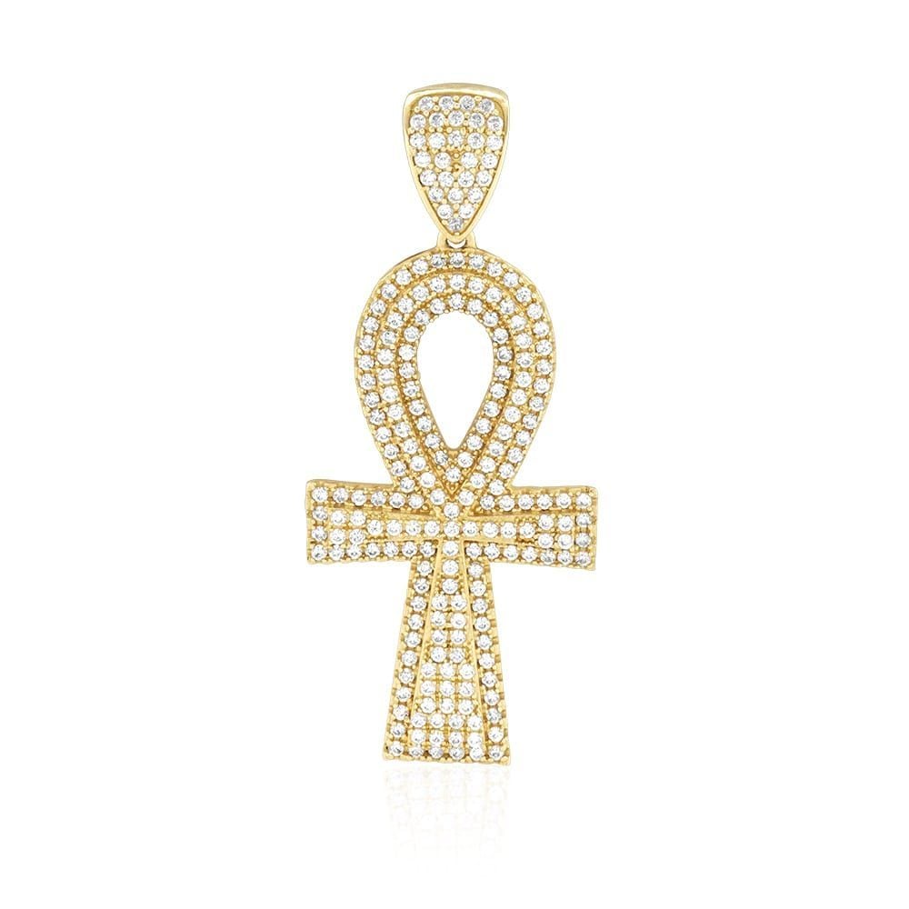 10K Real Gold 6CTW CZ Encrusted Ankh Cross Egyptian Pendant 1.7"