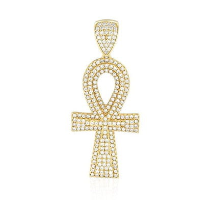 10K Real Gold 6CTW CZ Encrusted Ankh Cross Egyptian Pendant 1.7"