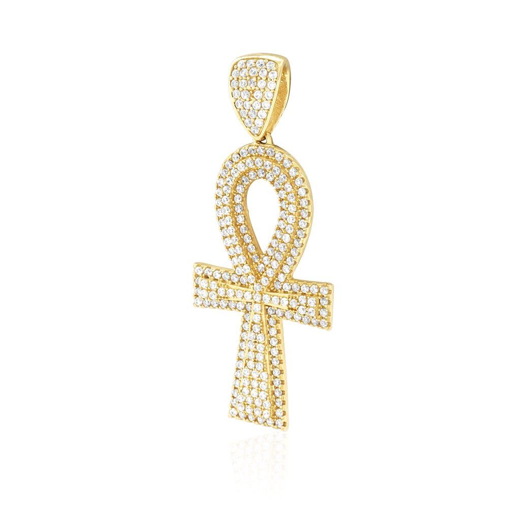 10K Real Gold 6CTW CZ Encrusted Ankh Cross Egyptian Pendant 1.7"