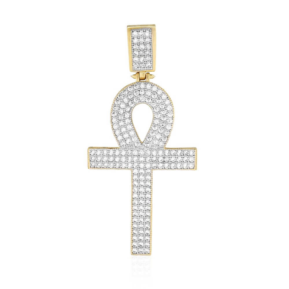 14K Yellow Gold CZ Egyptian Ankh Cross Pendant 2"-2.8"