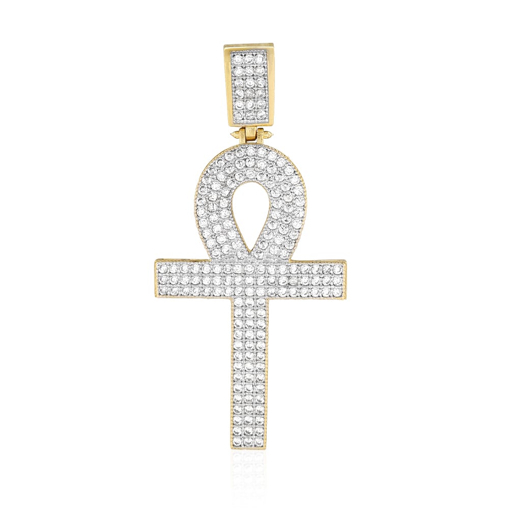 14K Yellow Gold CZ Egyptian Ankh Cross Pendant 2"-2.8"