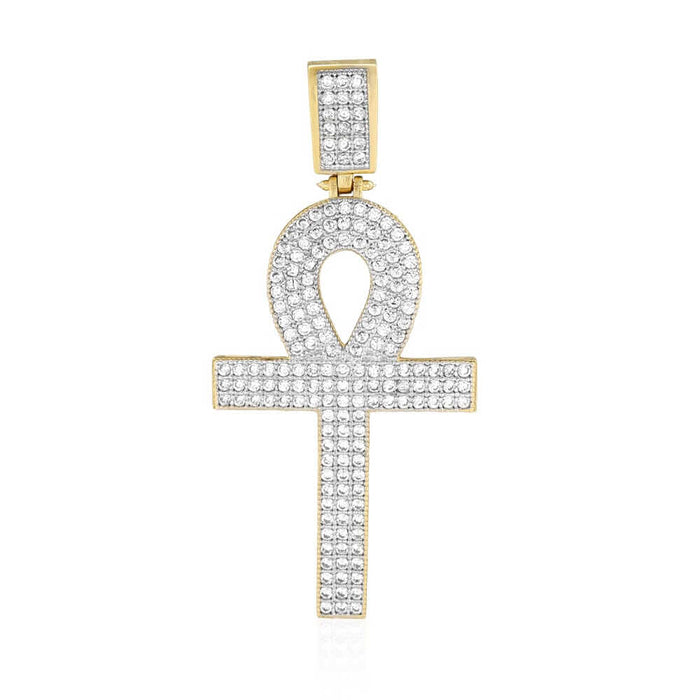 14K Yellow Gold CZ Egyptian Ankh Cross Pendant 2"-2.8"