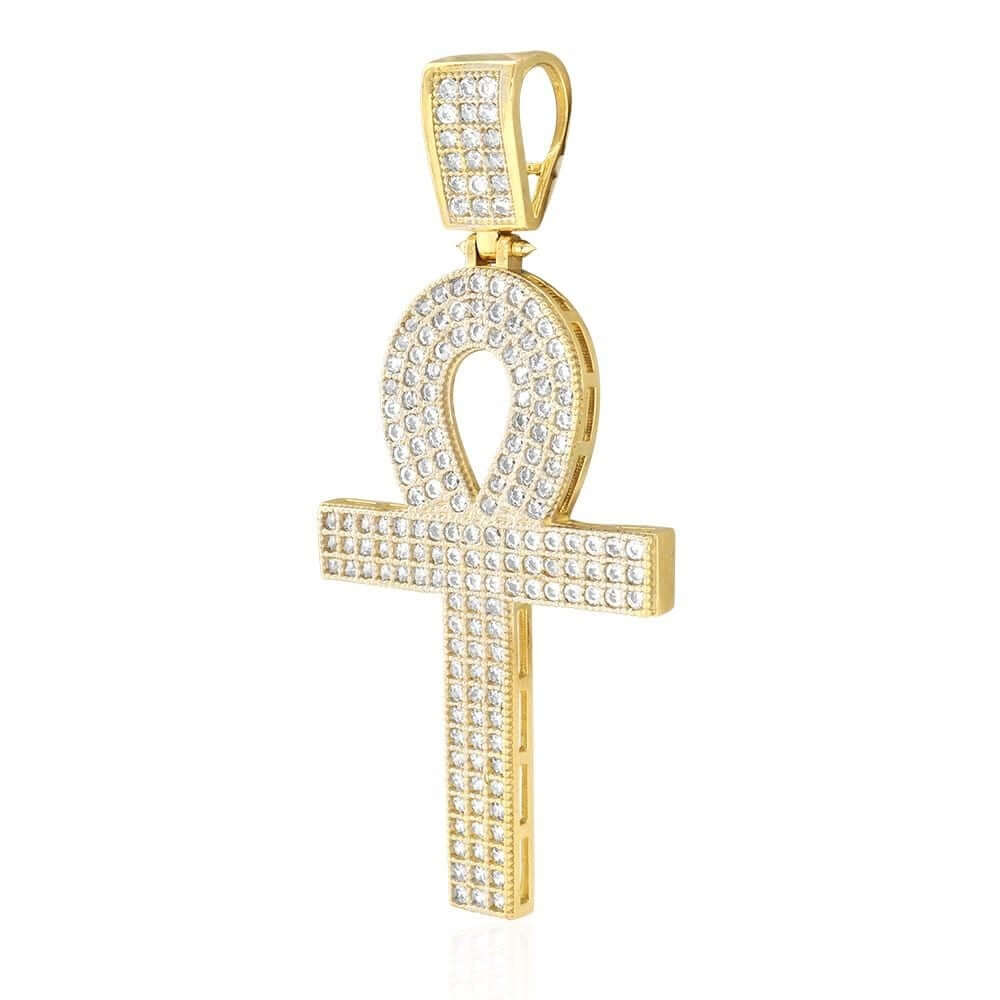 14K Yellow Gold CZ Egyptian Ankh Cross Pendant 2"-2.8"