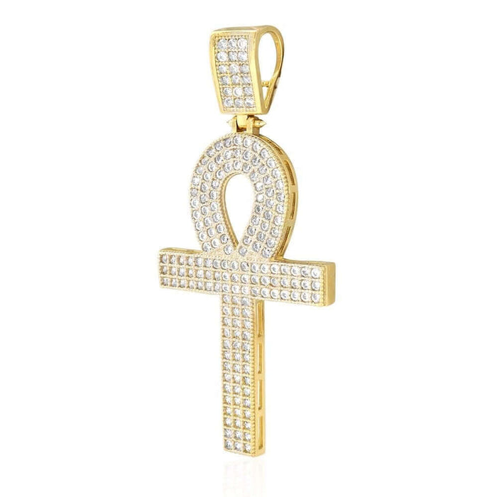 14K Yellow Gold CZ Egyptian Ankh Cross Pendant 2"-2.8"