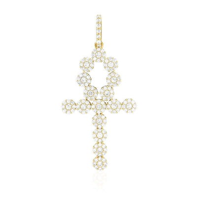 14k Yellow Gold 5Ct CZ Cluster Segmented Ankh Cross Pendant