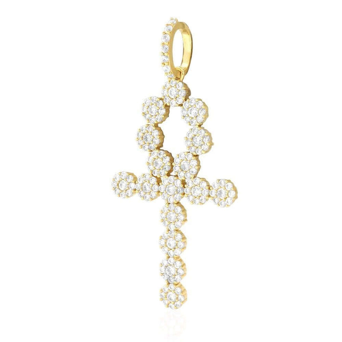 14k Yellow Gold 5Ct CZ Cluster Segmented Ankh Cross Pendant